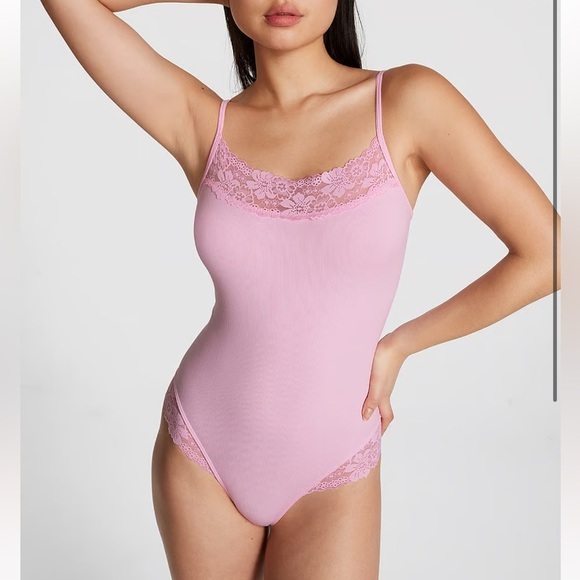 New Pink Rib Lace-Trim Bodysuit - Picture 1 of 5